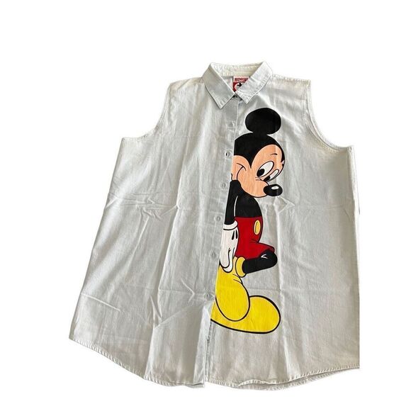 Vintage Mickey Mouse Sleeveless Denim Button Up Shirt size L - Picture 6 of 10